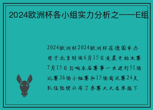 2024欧洲杯各小组实力分析之——E组