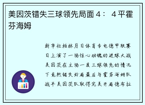 美因茨错失三球领先局面４：４平霍芬海姆