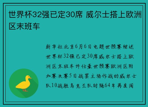 世界杯32强已定30席 威尔士搭上欧洲区末班车